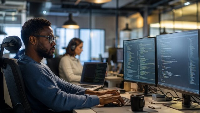Professional software developer coding on dual monitors in modern office with developer, software
