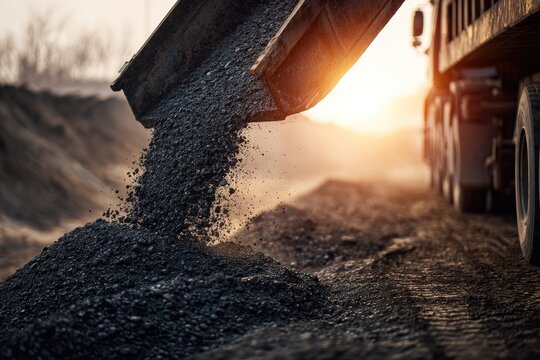 Truck dumping gravel at sunset