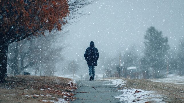 A solitary figure walks down a snowy path beside bare trees