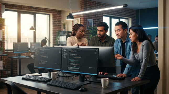 Software developers team collaborating on complex computer programming code with developer, software