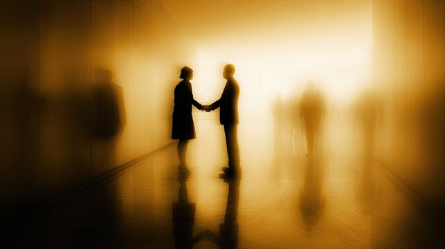 Two silhouetted figures in a hallway shake hands, illuminated by warm light