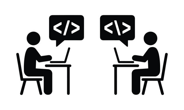 Two programmers discussing code on laptops with speech bubbles