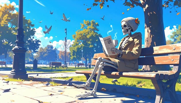A skeleton casually sits on a park bench reading a newspaper and drinking coffee on a sunny autumn day.