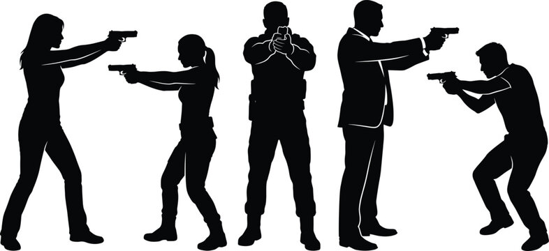 Black silhouettes of people aiming guns, male and female shooters in tactical poses, secret agent and police officer shapes isolated on white background