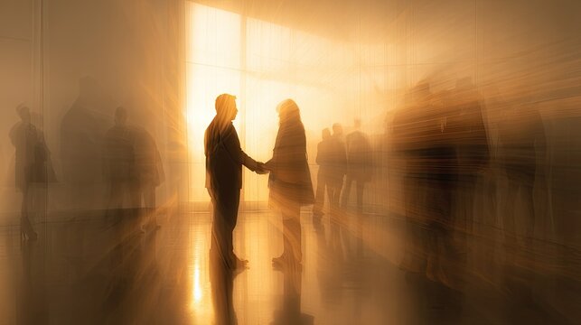 Two silhouetted people shake hands in a bright, blurry, warm-toned space