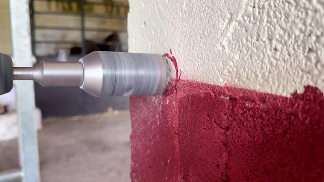 Drilling concrete wall with hole saw at construction site
