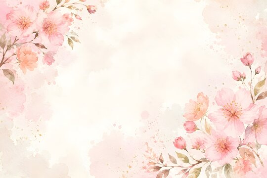 Watercolor cherry blossom floral frame background with soft pink flowers and leaves