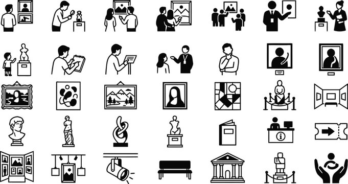 flat black silhouette icons depicting museum and gallery scenes people and objects on a white background