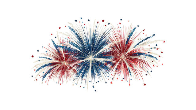 Fireworks display in red white and blue colors erupts in a festive celebration against a pure white background.