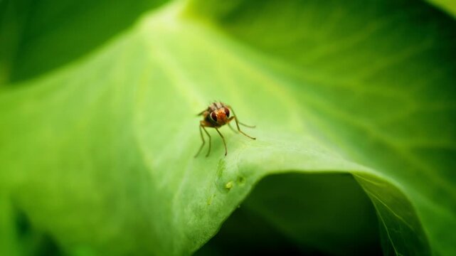 Tiny fly insect resting on large green leaf macro close up slow motion stock footage