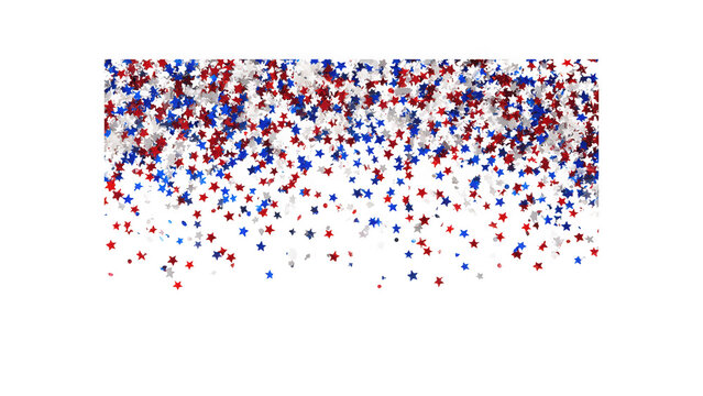 Confetti composed of red, white, and blue paper particles falls downward against a clean white backdrop.