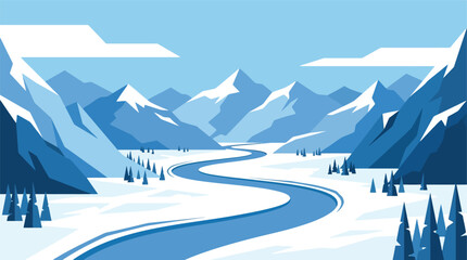 Snowy River Mountain Valley Landscape. Modern Flat Vector Winter Nature Illustration with Alpine Peaks and Forest © Elementix