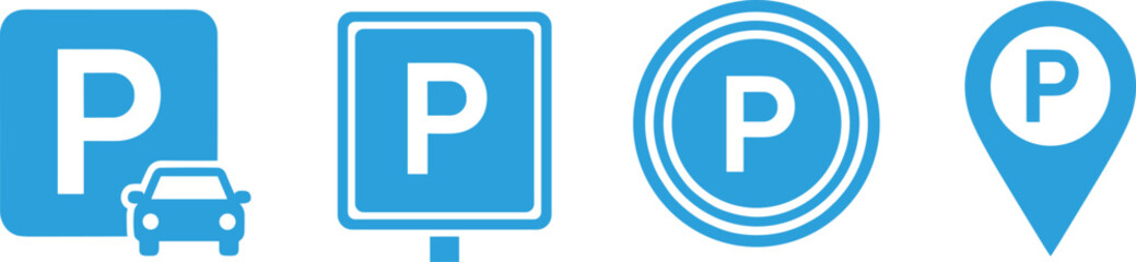 Blue parking sign icons, car park symbols, square road signage, circular zone mark, location pin map pointer, transport. © MstSumi