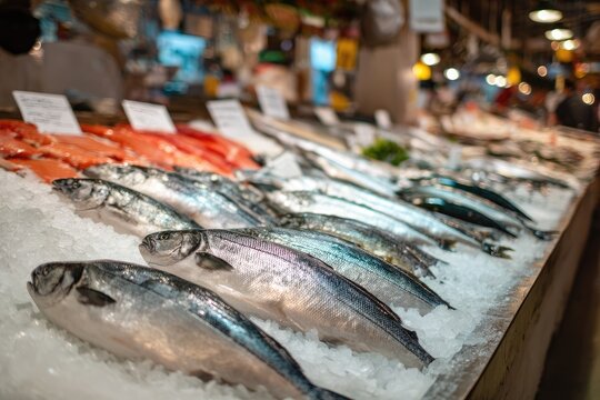 Fresh fish displayed on ice at a market stall