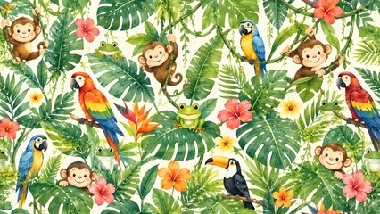 Obraz premium Seamless pattern with cute jungle animals, monkeys, parrots, toucan and frogs in tropical leaves and flowers