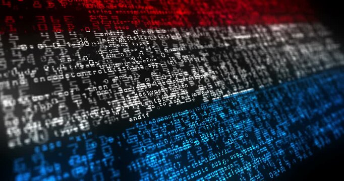 Luxemburgish flag waving secure code. Lux blowing banner cyber security attack and hack concept animation.