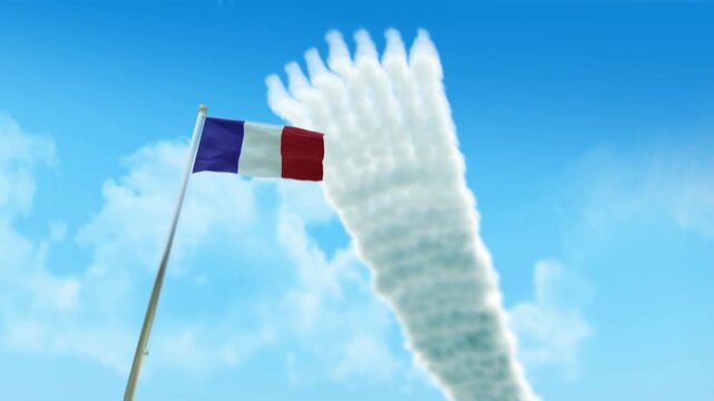 France Flag 3D Render Animation on Pole with Fighter Jets Smoke Trails in Blue Sky - Low Angle View