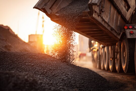 Truck dumps gravel at sunset, creating a dusty cloud with sun flares