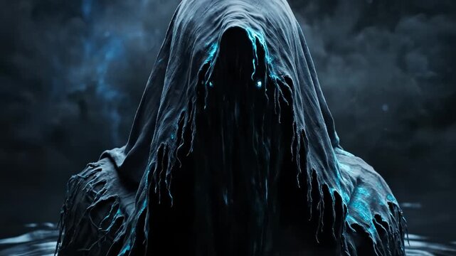 Dark Hooded Figure Emerging From Smoke and Water