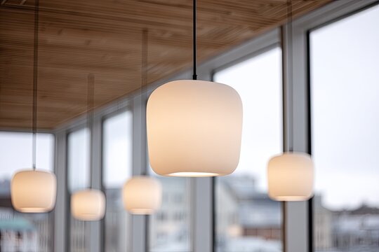 Softly glowing modern pendant lights suspended from a wooden ceiling