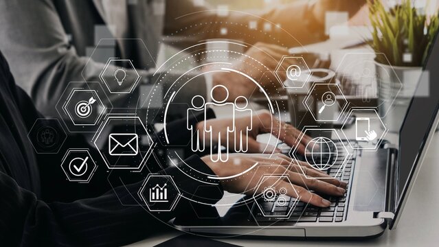 Business teamwork system showing digital communication and performance tracking. Teamwork improves collaboration, drives success, teamwork enhances planning, and teamwork supports productivity. Marrow