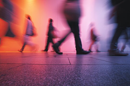 Blurred figures walk in a brightly lit corridor with warm and cool lighting
