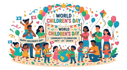 Fototapeta premium Joyful group of children celebrating World Children's Day with balloons and confetti in a community festival scene