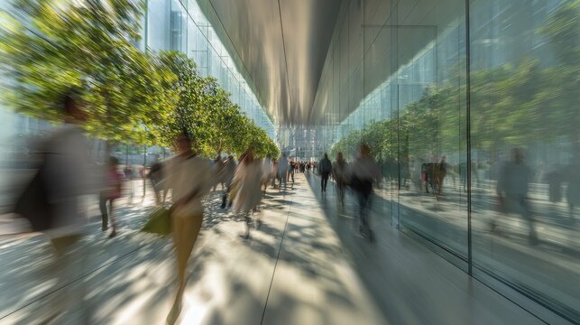 Blurred pedestrians walk in bright sunlight along modern glass-walled walkway