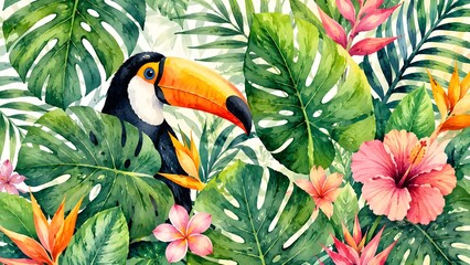 Fototapeta premium Watercolor tropical toucan bird with exotic monstera leaves and hibiscus flowers
