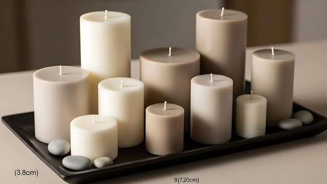 "Assorted white pillar candles arranged on a black tray with pebbles, elegant and serene atmosphere"