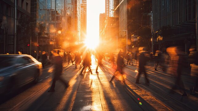 Blurry street scene with blurred figures in motion, golden sun flares