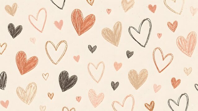 Seamless pattern with handdrawn doodle hearts in pastel colors on a beige background