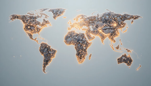 Map, illuminated with orange glow, on gray background, globe continents countries borders