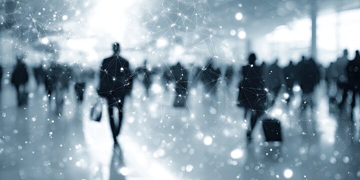 Blurred silhouettes of people connected by abstract light network in motion