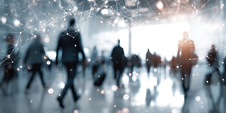 Blurred silhouettes of people in a bright, modern space with glowing network connections