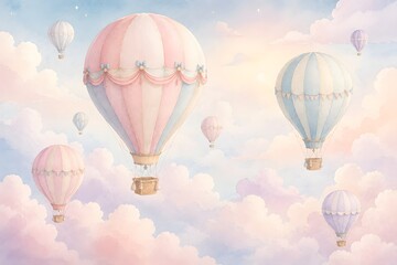 Fototapeta premium Whimsical hot air balloons floating in a dreamy pastel sunset sky with soft fluffy clouds and twinkling stars