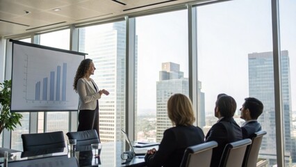 Fototapeta premium A businesswoman presents a bar chart to three colleagues in a modern office with large windows overlooking a city skyline.