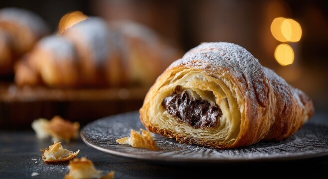 A flaky pastry filled with rich chocolate, dusted with powdered sugar