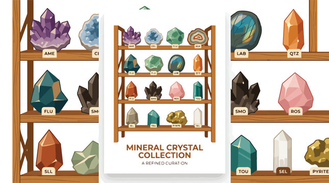 Mineral crystal collection on shelves display.