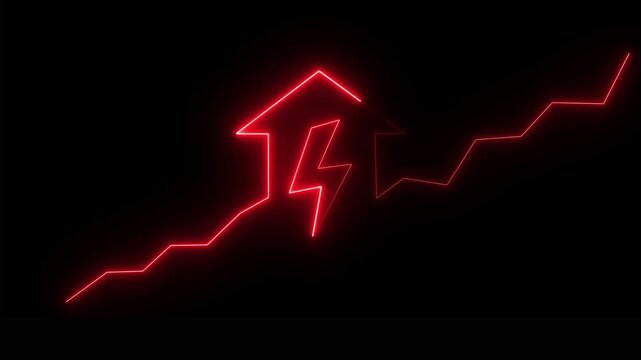 Orange neon arrow with lightning bolt and rising graph on black background bright charge