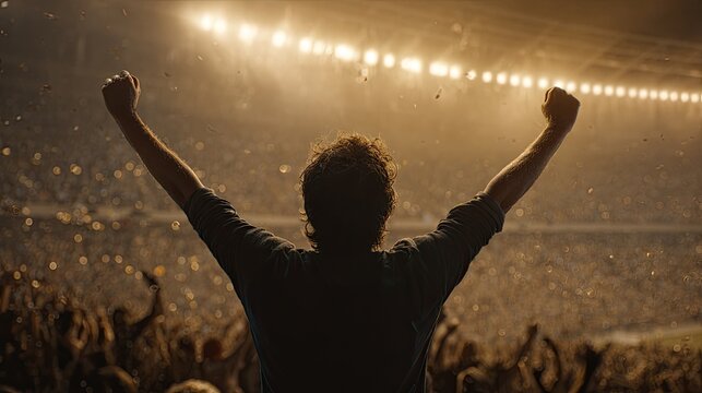 Silhouette of excited fan with arms raised in stadium, confetti raining down