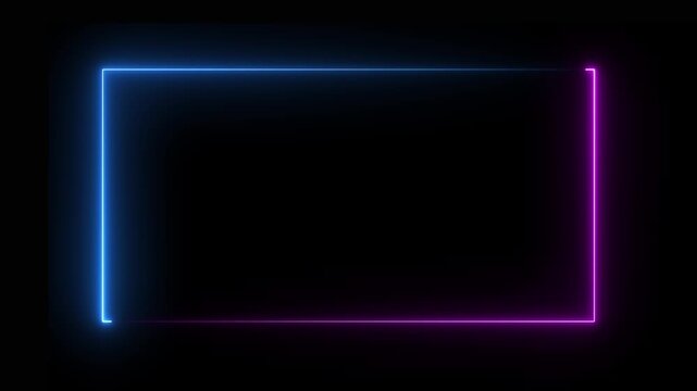 A rectangular frame is formed by two distinct neon light colors against a black background with the and left sides glowing in bright blue and the bottom and right sides glowing