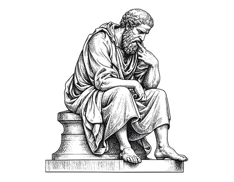 Black and white illustration of a seated, contemplative figure
