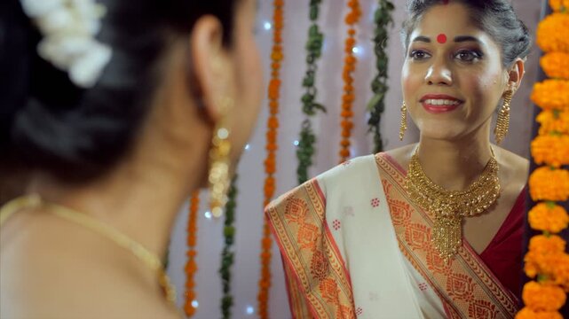 Portrait of an Indian Bengali lady in a red-bordered saree applying bindi on her forehead . A closeup of a beautiful woman dressed in a traditional dress getting ready for Indian festival celebration