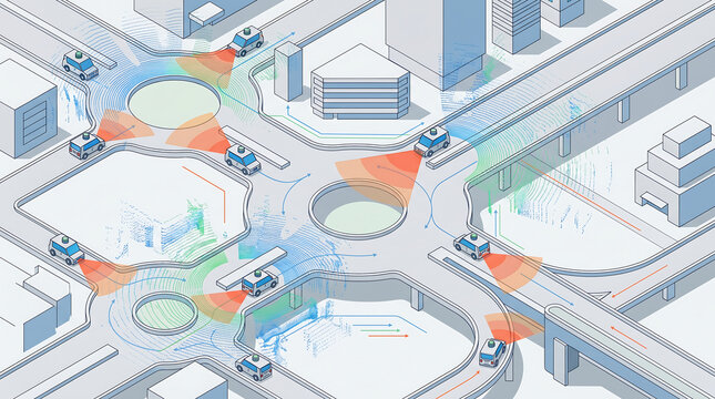 Isometric Vector Illustration of Autonomous Vehicles Navigating City Intersections and Roundabouts with LiDAR Sensors