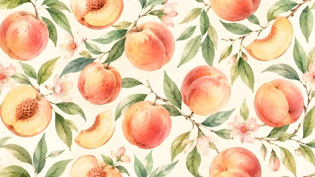 Watercolor seamless pattern with ripe peaches, green leaves and delicate flowers