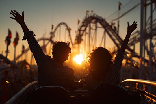 Joyful pair enjoys thrilling roller coaster ride against a golden sunset