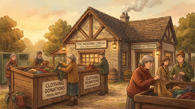 Cozy Digital Painting of People Sorting Used Clothes at a Community Donation Center for Circular Economy