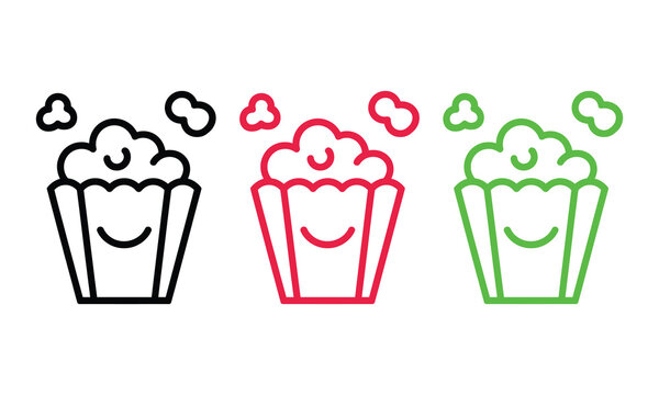 Colorful popcorn buckets with happy faces and clouds illustration