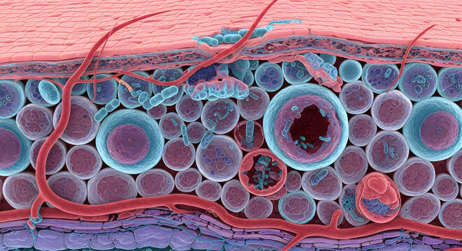 Microscopic image of human tissue cells, close-up view of biological cells under a microscope, scientific medical illustration